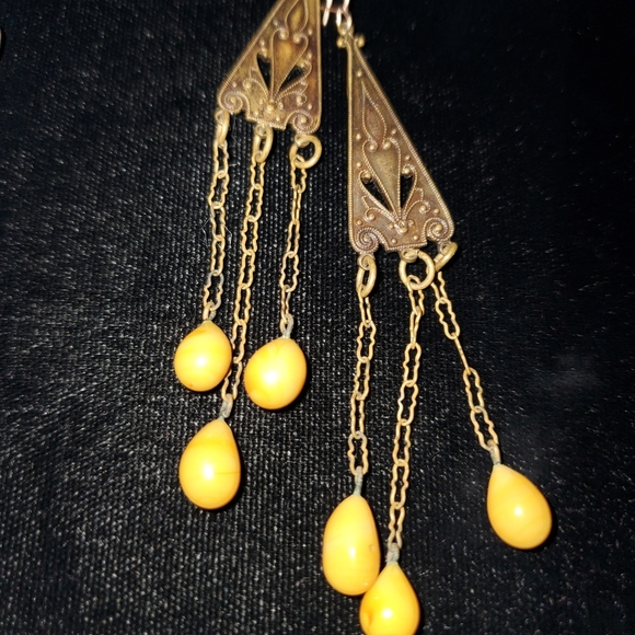 5 Pairs Vintage Brass and Glass Dangle Earrings BOHO Delicate Fillagree Lacy - Picture 6 of 12